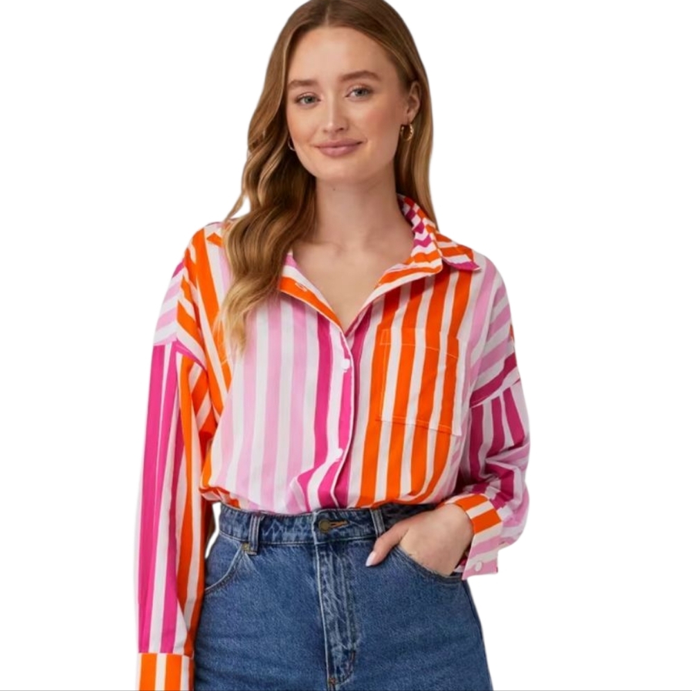 BEACH RIOT Alexa Top Shirt Swim Cover Up Coverup In Sunset Stripes Size S / M - Picture 7 of 8
